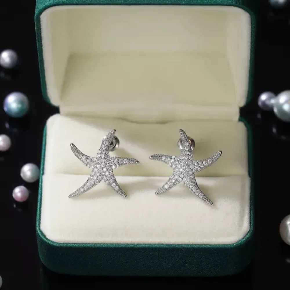 New 925 Silver Beautiful Starfish Women diamonds Earrings - Picture 2 of 2
